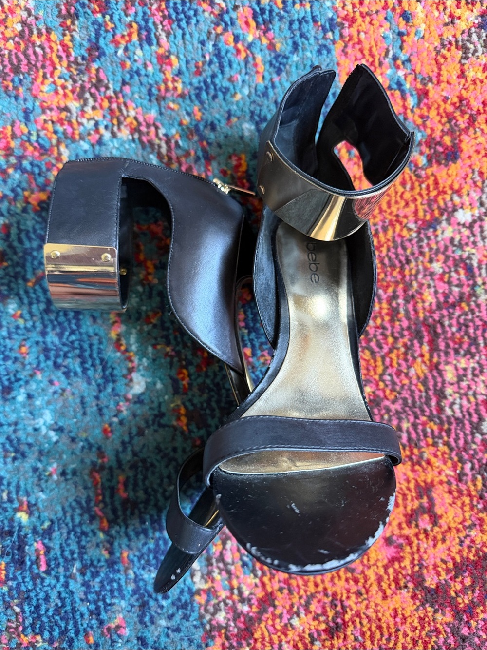 bebe Black Heeled Sandals with Gold Cuff